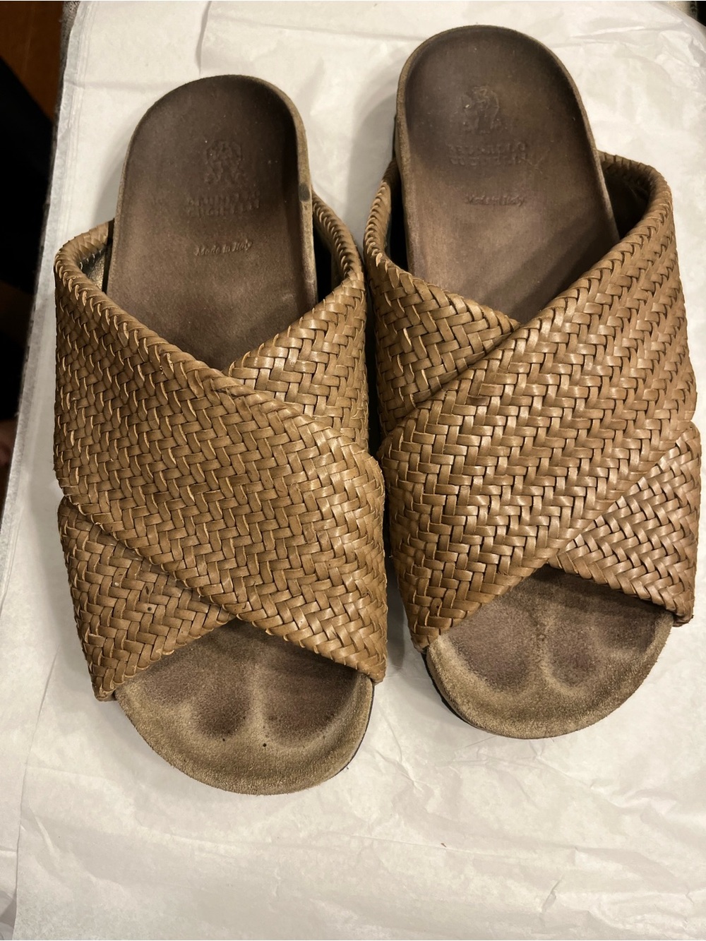 Brunello Cucinelli Woven Crossover Slide Sandals in Tan Brown
